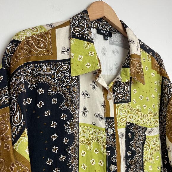 Plus Size Western Boho Bandana Americana Patchwork Button Up Shirt 2X Earth Tone - Picture 2 of 6